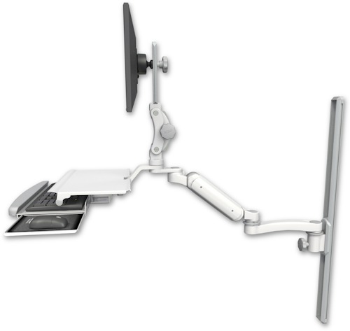 AccessMount™ Ultra 180 Heavy Duty Arm with Paralink monitor mount mount on a 36" wall track slider, a work surface tray and slide-out keyboard tray, and an 11" arm
