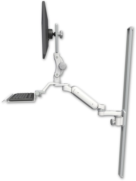 AccessMount™ Ultra 180 Heavy Duty Arm with Paralink monitor mount mount on a 50" wall track slider, a 12" keyboard tray, and an 6" arm