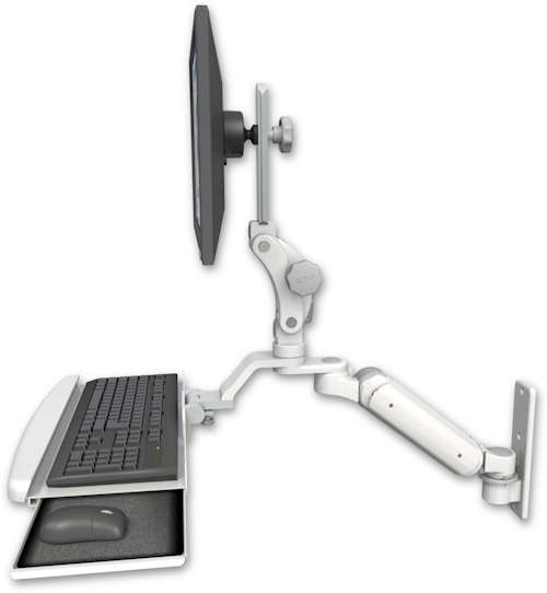 AccessMount™ Ultra 180 Heavy Duty Arm with Paralink monitor mount wall mount and a wrist-rest keyboard tray