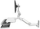 AccessMount™ Ultra 180 Heavy Duty Arm with Paralink monitor mount wall mount, a work surface tray and slide-out keyboard tray, and an 11" arm