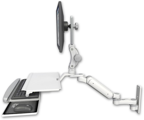 AccessMount™ Ultra 180 Heavy Duty Arm with Paralink monitor mount wall mount, a work surface tray and slide-out keyboard tray, and an 6" arm