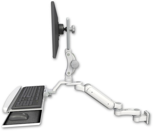 AccessMount™ Ultra 180 Heavy Duty Arm with Paralink monitor mount 3.5" wall mount, a wrist-rest keyboard tray, and an 6" arm