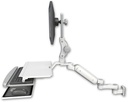 AccessMount™ Ultra 180 Heavy Duty Arm with Paralink monitor mount 3.5" wall mount, a work surface tray and slide-out keyboard tray, and an 6" arm
