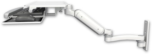 AccessMount™ Ultra 180 Heavy Duty Arm wall mount with a work surface tray and slide-out keyboard tray and an 11" arm