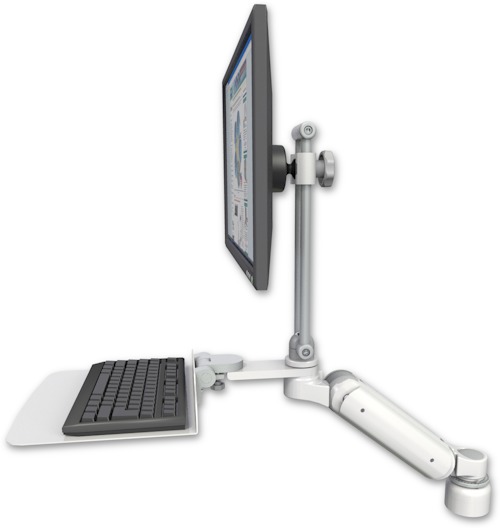 AccessMount™ Ultra 180 Heavy Duty Arm with EV710 monitor mount desk mount, a 1" riser, and a 12" flat keyboard tray