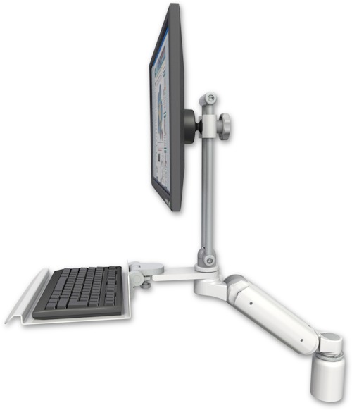 AccessMount™ Ultra 180 Heavy Duty Arm with EV710 monitor mount desk mount, a 3" riser, and a 12" keyboard tray