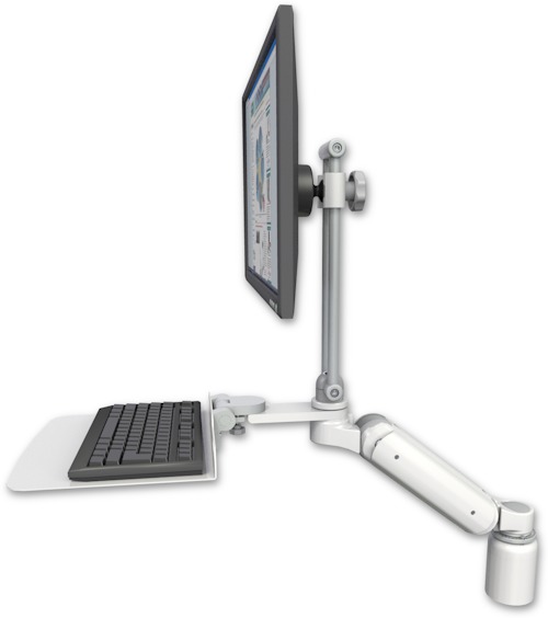 AccessMount™ Ultra 180 Heavy Duty Arm with EV710 monitor mount desk mount, a 3" riser, and a 12" flat keyboard tray