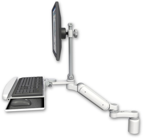 AccessMount™ Ultra 180 Heavy Duty Arm with EV710 monitor mount desk mount, a 3" riser, a wrist-rest keyboard tray, and an 6" arm