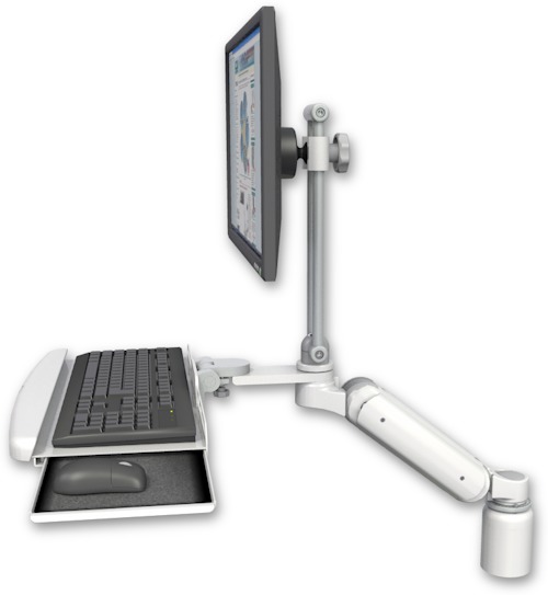 AccessMount™ Ultra 180 Heavy Duty Arm with EV710 monitor mount desk mount, a 3" riser, and a wrist-rest keyboard tray