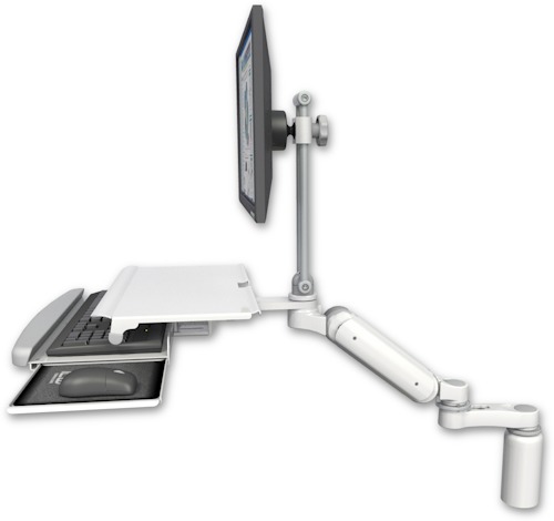 AccessMount™ Ultra 180 Heavy Duty Arm with EV710 monitor mount desk mount, a 5" riser, a work surface tray and slide-out keyboard tray, and an 6" arm