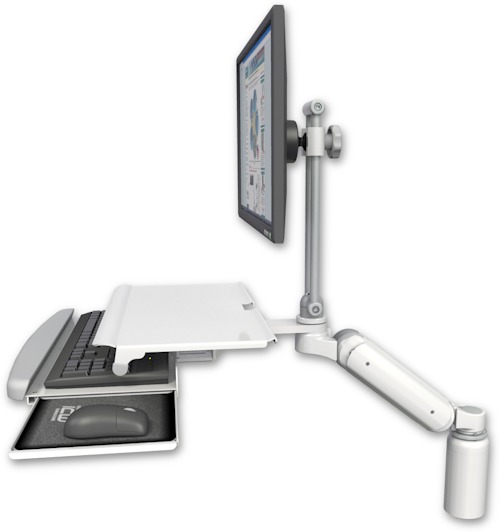 AccessMount™ Ultra 180 Heavy Duty Arm with EV710 monitor mount desk mount, a 5" riser, and a work surface tray and slide-out keyboard tray