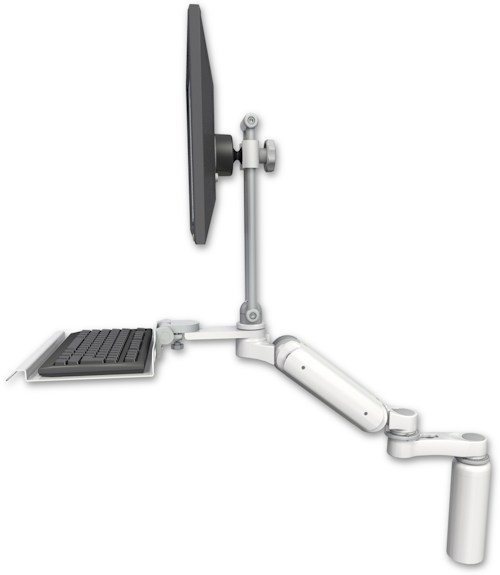 AccessMount™ Ultra 180 Heavy Duty Arm with EV710 monitor mount desk mount, a 7.5" riser, a 12" keyboard tray, and an 6" arm