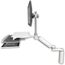 AccessMount™ Ultra 180 Heavy Duty Arm with EV710 monitor mount desk mount, a 7.5" riser, a work surface tray and slide-out keyboard tray, and an 6" arm