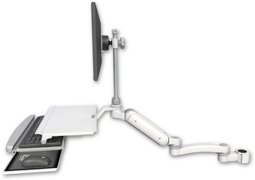AccessMount™ Ultra 180 Heavy Duty Arm with EV710 monitor mount mount for a 1.75" pole, a work surface tray and slide-out keyboard tray, and an 11" arm
