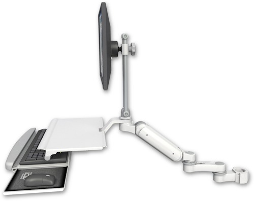 AccessMount™ Ultra 180 Arm desk mount with a 7.5" riser and a work surface tray and slide-out keyboard tray
