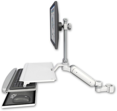 AccessMount™ Ultra 180 Heavy Duty Arm with EV710 monitor mount mount for a 2" pole and a work surface tray and slide-out keyboard tray