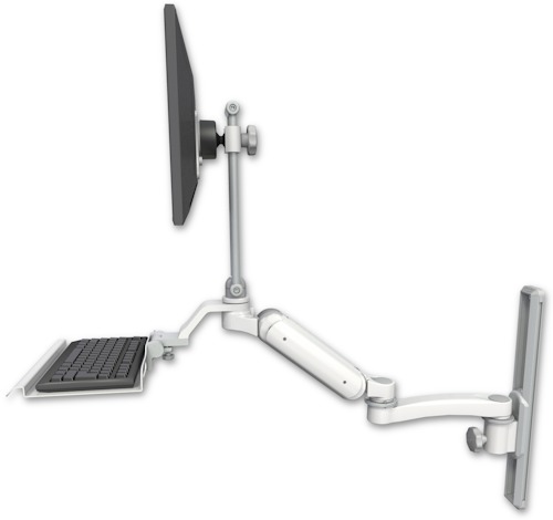 AccessMount™ Ultra 180 Heavy Duty Arm with EV710 monitor mount mount on a 19" wall track slider, a 12" keyboard tray, and an 11" arm