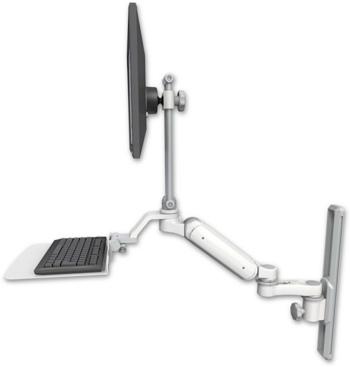 AccessMount™ Ultra 180 Heavy Duty Arm with EV710 monitor mount mount on a 19" wall track slider, a 12" flat keyboard tray, and an 6" arm