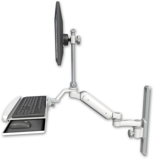 AccessMount™ Ultra 180 Heavy Duty Arm with EV710 monitor mount mount on a 19" wall track slider, a wrist-rest keyboard tray, and an 6" arm