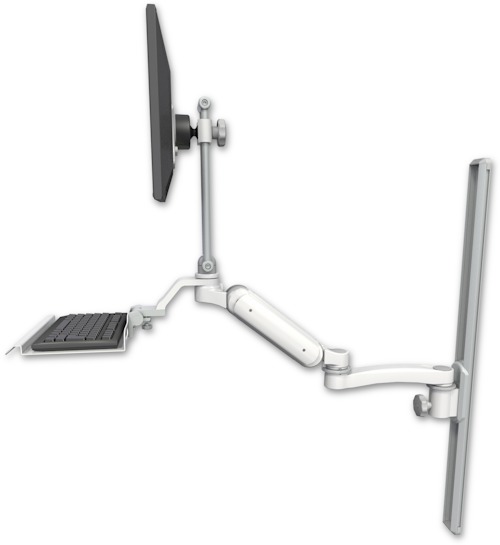 AccessMount™ Ultra 180 Heavy Duty Arm with EV710 monitor mount mount on a 36" wall track slider, a 12" keyboard tray, and an 11" arm
