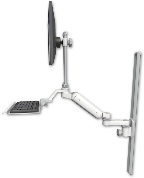 AccessMount™ Ultra 180 Heavy Duty Arm with EV710 monitor mount mount on a 36" wall track slider, a 12" keyboard tray, and an 6" arm