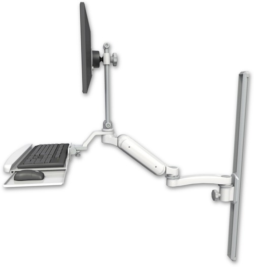 AccessMount™ Ultra 180 Heavy Duty Arm with EV710 monitor mount mount on a 36" wall track slider, a wrist-rest keyboard tray, and an 11" arm