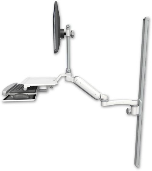 AccessMount™ Ultra 180 Heavy Duty Arm with EV710 monitor mount mount on a 50" wall track slider, a work surface tray and slide-out keyboard tray, and an 11" arm