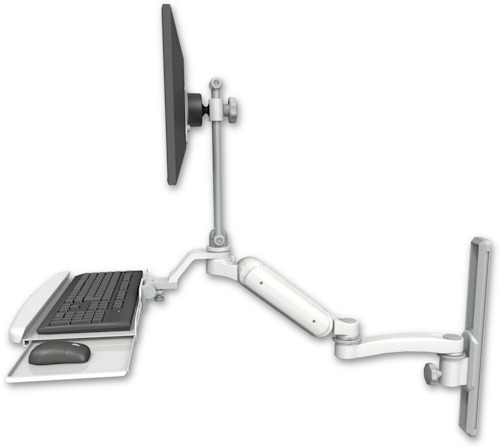 AccessMount™ Ultra 180 Arm with EV710 monitor mount mount on a 19" wall track slider, a wrist-rest keyboard tray, and an 11" arm