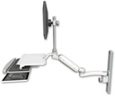 AccessMount™ Ultra 180 Arm with EV710 monitor mount mount on a 19" wall track slider, a work surface tray and slide-out keyboard tray, and an 11" arm