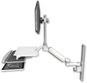 AccessMount™ Ultra 180 Arm with EV710 monitor mount mount on a 19" wall track slider, a work surface tray and slide-out keyboard tray, and an 6" arm