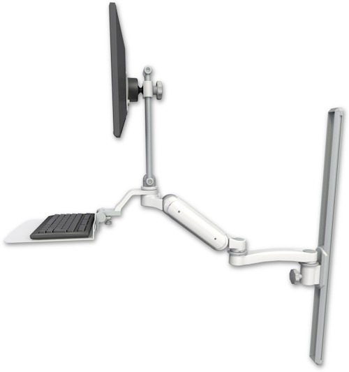 AccessMount™ Ultra 180 Arm with EV710 monitor mount mount on a 36" wall track slider, a 12" flat keyboard tray, and an 11" arm