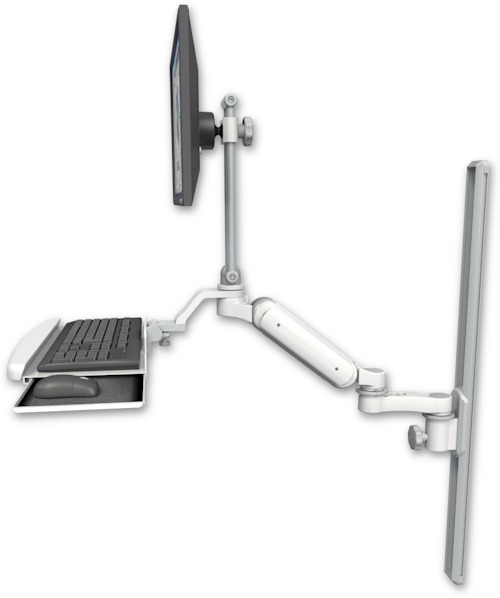 AccessMount™ Ultra 180 Arm with EV710 monitor mount mount on a 36" wall track slider, a wrist-rest keyboard tray, and an 6" arm