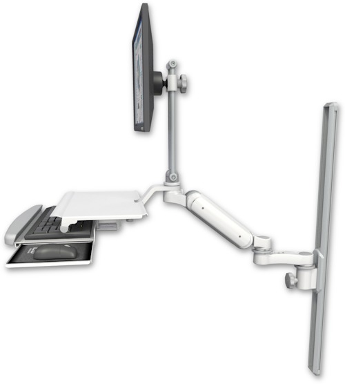 AccessMount™ Ultra 180 Arm with EV710 monitor mount mount on a 36" wall track slider, a work surface tray and slide-out keyboard tray, and an 6" arm