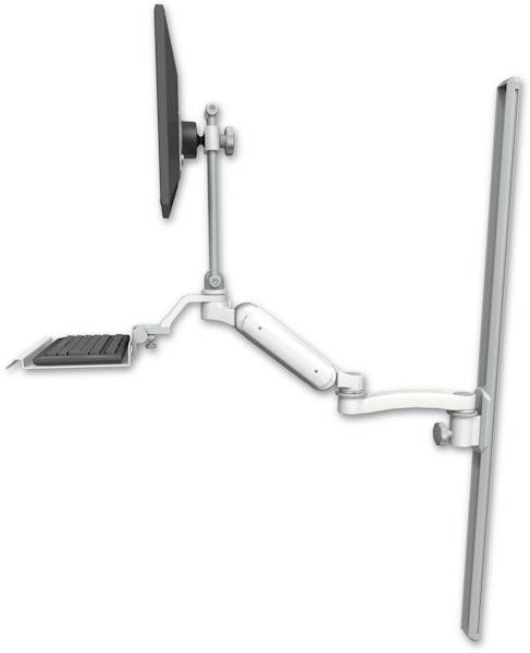 AccessMount™ Ultra 180 Arm with EV710 monitor mount mount on a 50" wall track slider, a 12" keyboard tray, and an 11" arm
