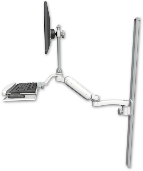 AccessMount™ Ultra 180 Arm with EV710 monitor mount mount on a 50" wall track slider, a wrist-rest keyboard tray, and an 11" arm