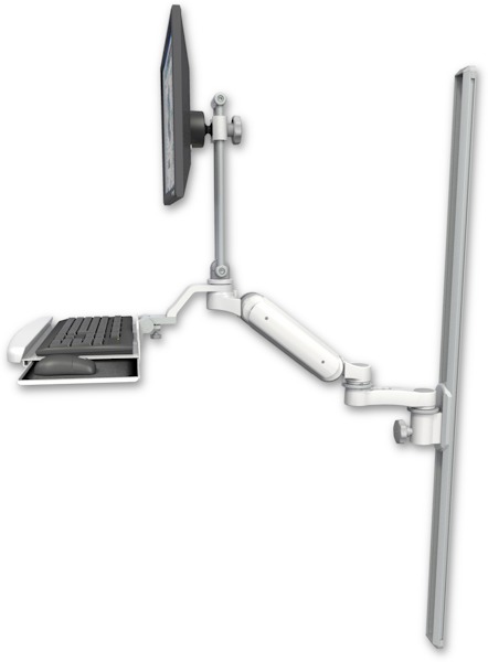 AccessMount™ Ultra 180 Arm with EV710 monitor mount mount on a 50" wall track slider, a wrist-rest keyboard tray, and an 6" arm