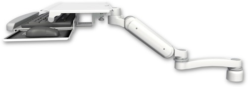 AccessMount™ Ultra 180 Heavy Duty Arm desk mount with a 1" riser, a work surface tray and slide-out keyboard tray, and an 11" arm
