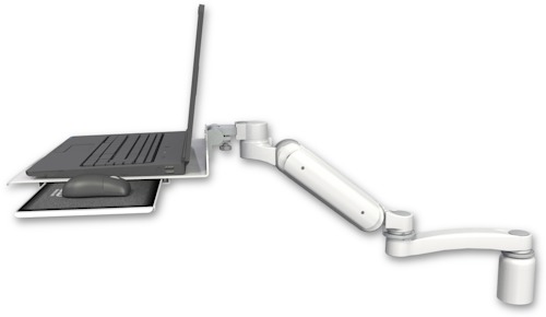 AccessMount™ Ultra 180 Heavy Duty Arm desk mount with a 3" riser Laptop tray, slider, and an 11" arm