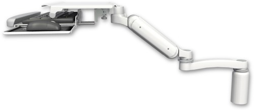 AccessMount™ Ultra 180 Heavy Duty Arm desk mount with a 5" riser, a work surface tray and slide-out keyboard tray, and an 11" arm