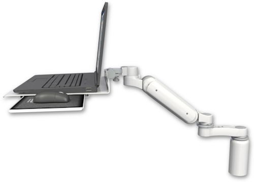 AccessMount™ Ultra 180 Heavy Duty Arm desk mount with a 5" riser Laptop tray, slider, and an 6" arm
