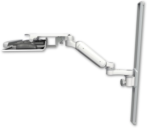 AccessMount™ Ultra 180 Heavy Duty Arm mount on a 36" wall track slider with a work surface tray and slide-out keyboard tray and an 6" arm