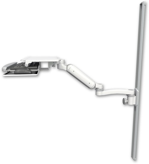 AccessMount™ Ultra 180 Arm mount on a 50" wall track slider with a work surface tray and slide-out keyboard tray and an 11" arm