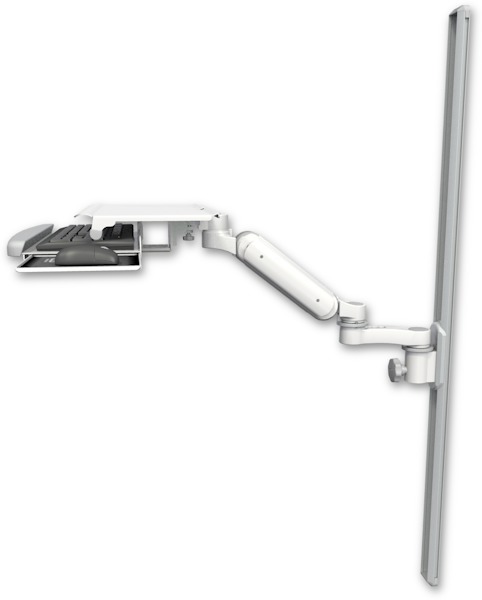 AccessMount™ Ultra 180 Arm mount on a 50" wall track slider with a work surface tray and slide-out keyboard tray and an 6" arm