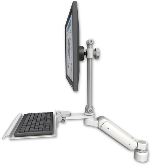 AccessMount™ Ultra 180 Arm with EV710 monitor mount desk mount, a 1" riser, and a 12" keyboard tray