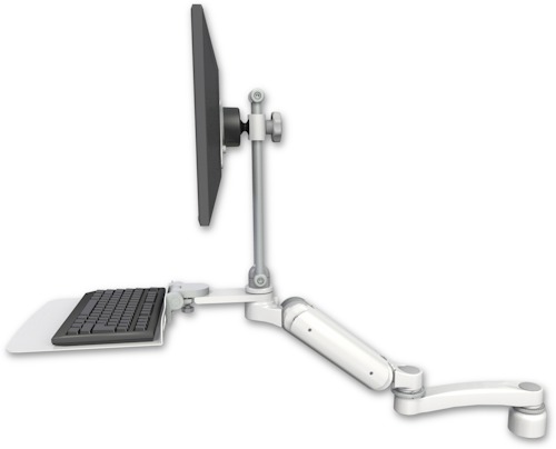 AccessMount™ Ultra 180 Arm with EV710 monitor mount desk mount, a 1" riser, a 12" flat keyboard tray, and an 11" arm