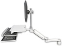 AccessMount™ Ultra 180 Arm with EV710 monitor mount desk mount, a 1" riser, a work surface tray and slide-out keyboard tray, and an 11" arm