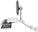 AccessMount™ Ultra 180 Arm with EV710 monitor mount desk mount, a 1" riser, a work surface tray and slide-out keyboard tray, and an 6" arm
