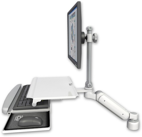 AccessMount™ Ultra 180 Arm with EV710 monitor mount desk mount, a 1" riser, and a work surface tray and slide-out keyboard tray