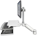 AccessMount™ Ultra 180 Arm with EV710 monitor mount desk mount, a 1" riser, and a work surface tray and slide-out keyboard tray