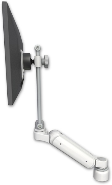 AccessMount™ Ultra 180 Arm desk mount with a 1" riser, a work surface tray and slide-out keyboard tray, and an 6" arm